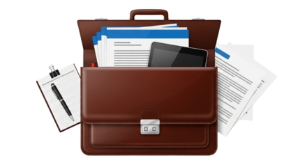 Open briefcase containing business documents and tablet isolated PNG with Transparent Background