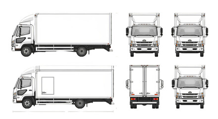 White commercial box truck template shown in multiple orthographic views: front back and side profiles.