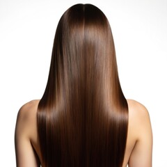 Long straight brown hair cascades down back of woman. Dark brown locks flow from shoulders down to feet. Brown hair beauty style glamour model back long hair straight coiffure fashion dark color