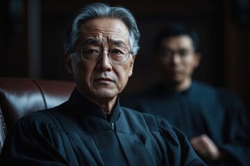 Mature Asian man in black robe sitting in a courtroom setting, conveying respect for the rule of law, constitutional rights, and civic responsibility.