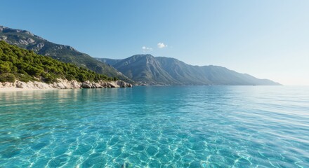 Tropical Mountain Coastline with Crystal Clear Blue Water&mdash;Idyllic Beach and Scenic Nature Landscape

