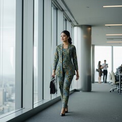 Elegant Businesswoman in Traditional Batik Attire Walking Confidently in Modern Office