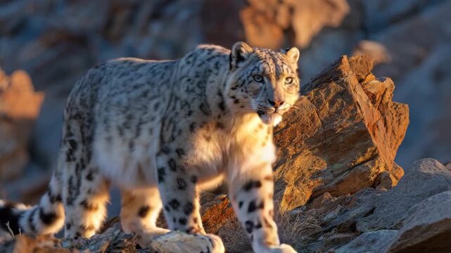 Snow leopard prowling rugged rocky cliffs