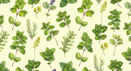 Obraz premium Watercolor Herb Pattern Fresh Green Aromatherapy Background
