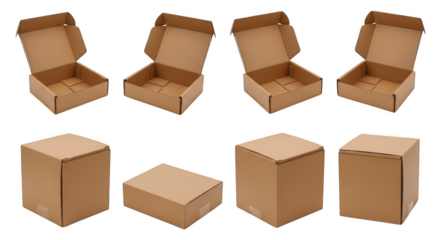 Collection of Brown Cardboard Boxes in Open and Closed Configurations.
