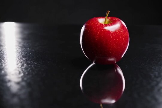 Slow motion of red apple spinning on a black reflective surface, dramatic lighting