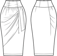 High waist draped pencil skirt flat sketch, elegant women’s wear with pleats and waistband, technical CAD drawing vector illustration