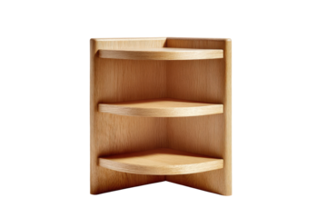 Light-colored wood corner shelf unit with three tiers