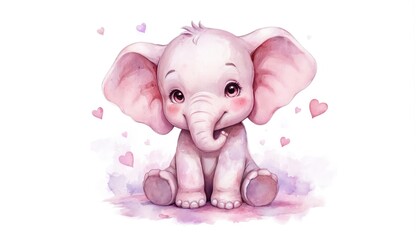 Baby elephant sits in corner, light pink skin, long trunk, ears extend to top. Pink hearts in corner add whimsical touch, playful illustration of cute elephant. Watercolor illustration of baby