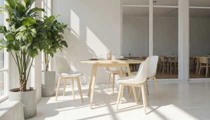 Fototapeta premium Modern white-walled dining area features a green plant and beige chairs around a round wooden table. Table set with white teapot, vase, plate. Natural light illuminates the room from a window.