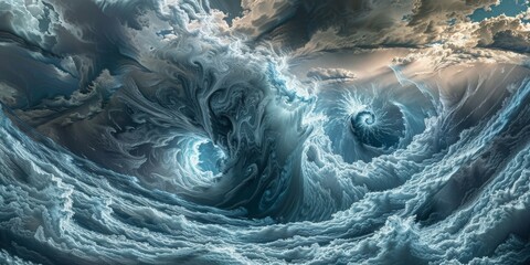 An immersive view of a celestial storm with powerful swirling vortexes in the sky.