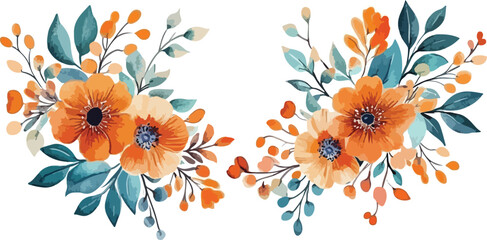 Delicate watercolor floral arrangement with vibrant orange poppies and teal green foliage