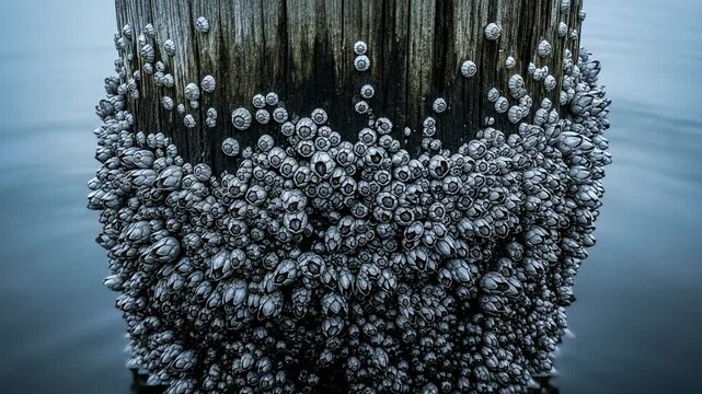 A dense colony of barnacles encrusting a weathered wooden piling in calm water. Close-up of marine life and natural textures.