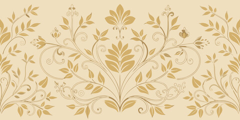 Golden floral pattern with ornate vintage swirls and seamless damask elements