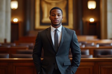 Confident young attorney standing in a courtroom with hands in pockets, symbolizing justice, professionalism, and a promising legal career.