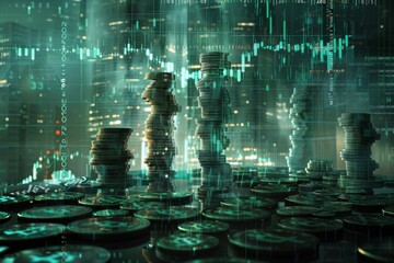 Futuristic chess game representing global financial strategy, investment tactics, and digital currency on a stock market data background