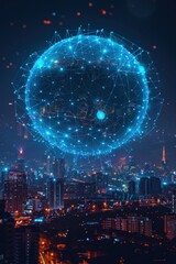 Futuristic Cityscape with Digital Globe and Network Connections