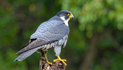 Close-up of a peregrine falcon perched on a rugged tree branch, feathers ruffled by wind, with a blurred forest backdrop in soft focus. 