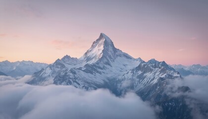 Obraz premium Majestic mountain range rises in soft pink glow at dawn. Tan-hued mountains peak snow-covered with clouds gently framing the landscape. Low-angle shot places peaks in foreground.