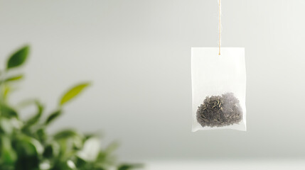 A tea bag hanging by its string, showcasing natural ingredients against a minimalist backdrop with a blurry green plant adding a touch of nature.