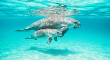 Dugong mother with calf swimming slowly, photorealism, turquoise waters, sandy seabed, close-up view, gentle interaction