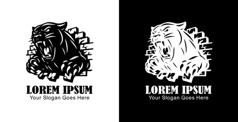 Logo design of a panther destroying a wall in anger