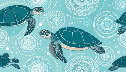 Seamless pattern of turtles in a light teal background with white mandala designs