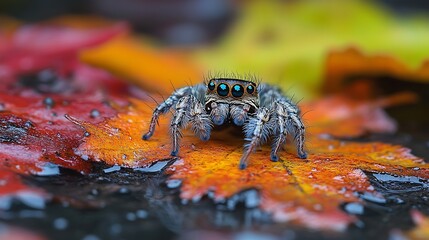 Close-up of a jumping spider on a colorful autumn leaf.