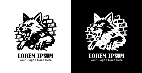 Logo design of a wolf destroying a wall in anger