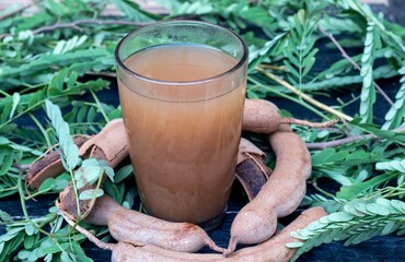 Ripe Tamarind Water or Juice and Pods Fruit or Imli Fruit Sharbat Water in a Glass with Leaves