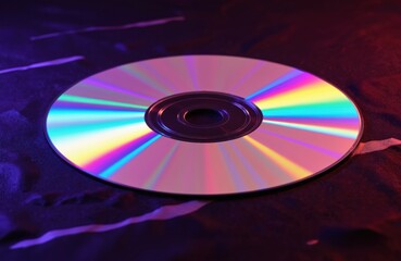 White circular plastic disc with silver spiral on top rests on dark gray surface with black and white pattern background. Compact disc iridescent light reflection creates high contrast image.