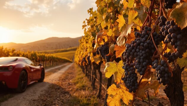 Red car drives on winding road through Italian vineyard with ripe grapes. Rows of grapevines extend into distance, displaying yellow, orange leaves. Setting sun casts warm glow, blending natural,