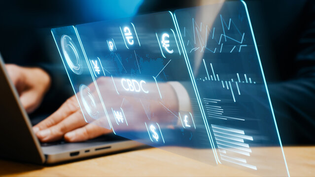 cbdc - digital finance, stablecoins in the banking system, currency integration, employee with a laptop analyzing data, analytics in the banking sector
