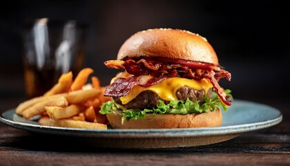 gourmet cheeseburger on a fancy plate with crispy bacon and golden fries burger foodie