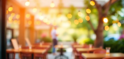 Fototapeta premium Blurred outdoor cafe background, abstract bokeh effect, texture, template