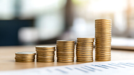 Stacked coins showing growth. Financial stability is shown with stacked piles of coins on a table. An increase in savings or investment.