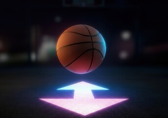 Glowing basketball hovering over neon arrow at night