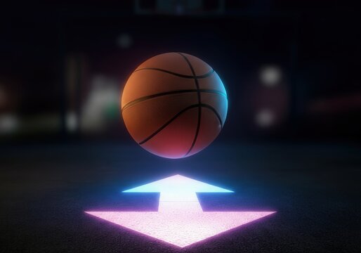Glowing basketball hovering over neon arrow at night