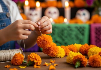 Child making marigold garland for Day of the Dead celebration