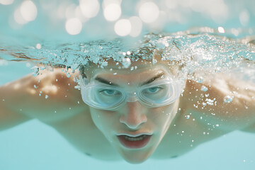 Swimmer Underwater: A close-up captures a swimmer with goggles immersed in clear water, bubbles surrounding them, eyes fixed on the camera, dynamic and refreshing