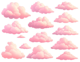 Scattered Pink Sunset Clouds with Gradient Tones, Realistic Shape Set, isolated on transparent background PNG