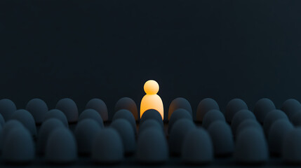Fototapeta premium Bright Figure Among Dark Shapes: A conceptual image symbolizing individuality and standing out from the crowd with leadership and unique perspective.