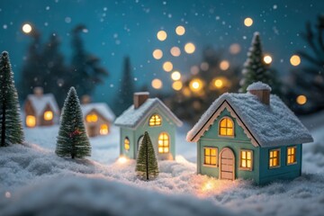 Fototapeta premium Cozy snow village with twinkling lights