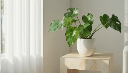 Serene indoor setting with rectangular wooden table and white pot containing lush green leaves. Natural light from window with white curtains, white wall, and overhead light fixture.