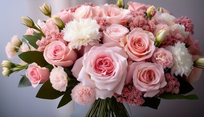 Fototapeta premium a lush and romantic bouquet of pink carnations white roses and other elegant blooms perfect for a special valentine s day