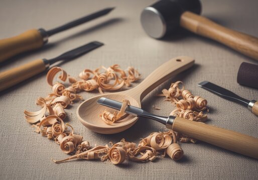 Wood carving tools and shavings with wooden spoon on canvas - Powered by Adobe