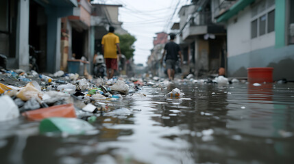 Obraz premium Flooded street with trash shows an environmental issue and challenging conditions. In the background are two people walking on a flooded street.