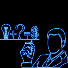 Businessman Solving Equation: Light Bulb Plus Question Mark Equals Dollar Sign Innovation and Profit icon neon glow vector illustration concept