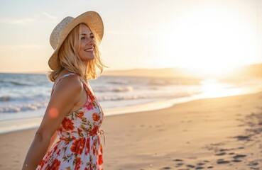 Young woman walks on beach at sunset. She wears white dress, straw hat and smiles broadly. Tranquil ocean waves stretch out to horizon. Woman face radiates happiness as she walks towards right side.