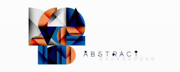 Geometric shapes overlap, creating modern abstract design. Orange, blue, gray tones dominate composition. Minimalist style.